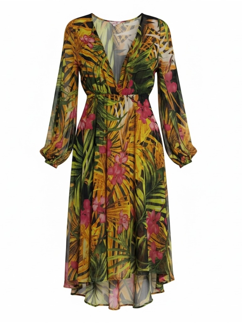 Tropical V-Neck Maxi Dress in Green and Pink